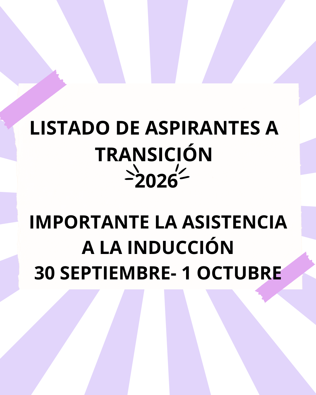 LISTADO ASPIRANTES TRANSICIÓN 2026 LA ASISTENCIA LA INDUCCION EN NECESARIA PARA LA ENTREGA DE CUPOS Y RECIBIR LA INFORMACIÓN PARA EL PROCESO DE MATRÍCULA
REUNION MARTES 30 SEPTIEMBRE Y 1 OCTUBRE/25
TENER EN CUENTA LA FECHA ASIGNADA PARA LA INDUCCIÓN
